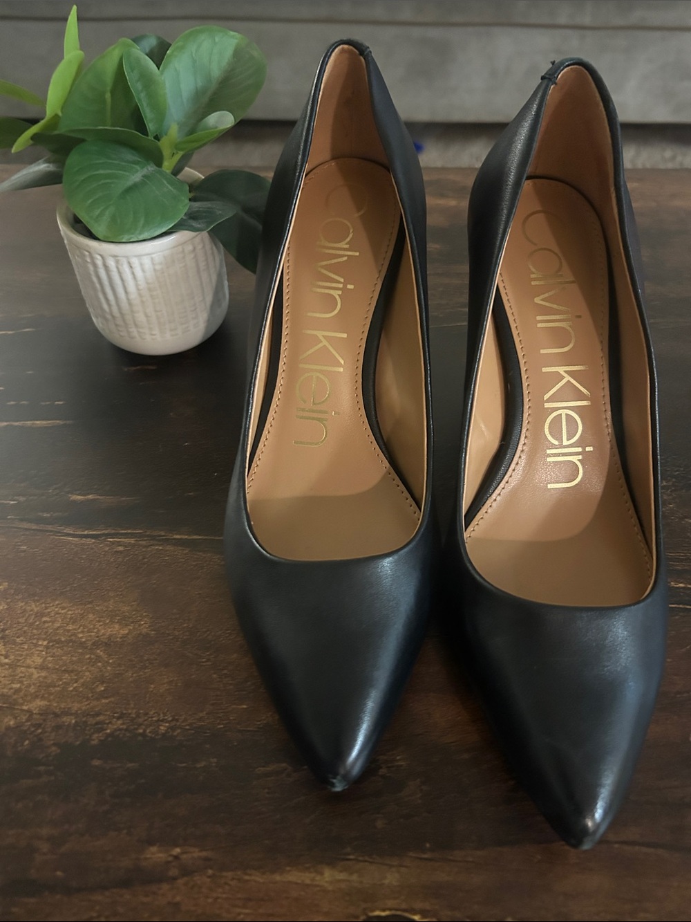 Calvin Klein Black Leather Pointed-Toe Heels